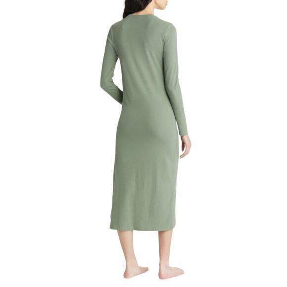 Open Edit Long Sleeve Rib Organic Cotton Blend Lounge Dress Green Size Large NWT - Picture 2 of 10
